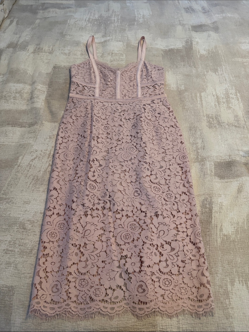Express Blush Lace Midi Dress with Spaghetti Straps